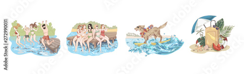 Happy friends on holidays, people jump in water, women sit on pier, dog in sunglasses on surfboard, summertime set