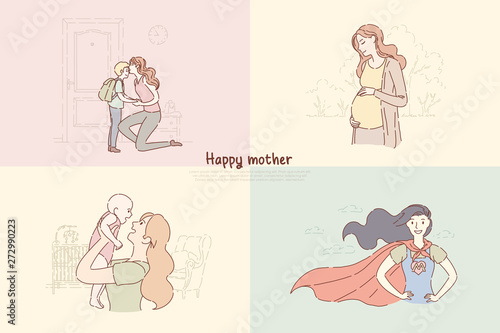 Young mothers with children, mom send son to school, woman playing with toddler, happy motherhood banner