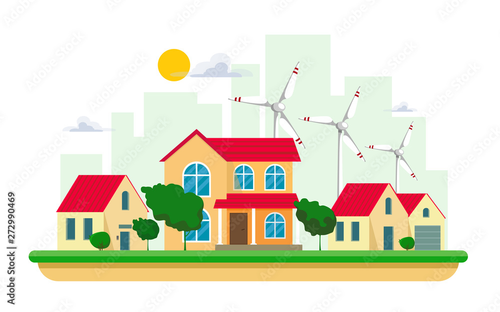 Vector illustration of clean electric energy from renewable sources of wind on white background. Power plant buildings with solar panels and wind turbines on a cityscape cityscape and country houses. Vector illustration of clean electric energy from renewable sources of wind on white background. Power plant buildings with solar panels and wind turbines on a cityscape cityscape and country houses.