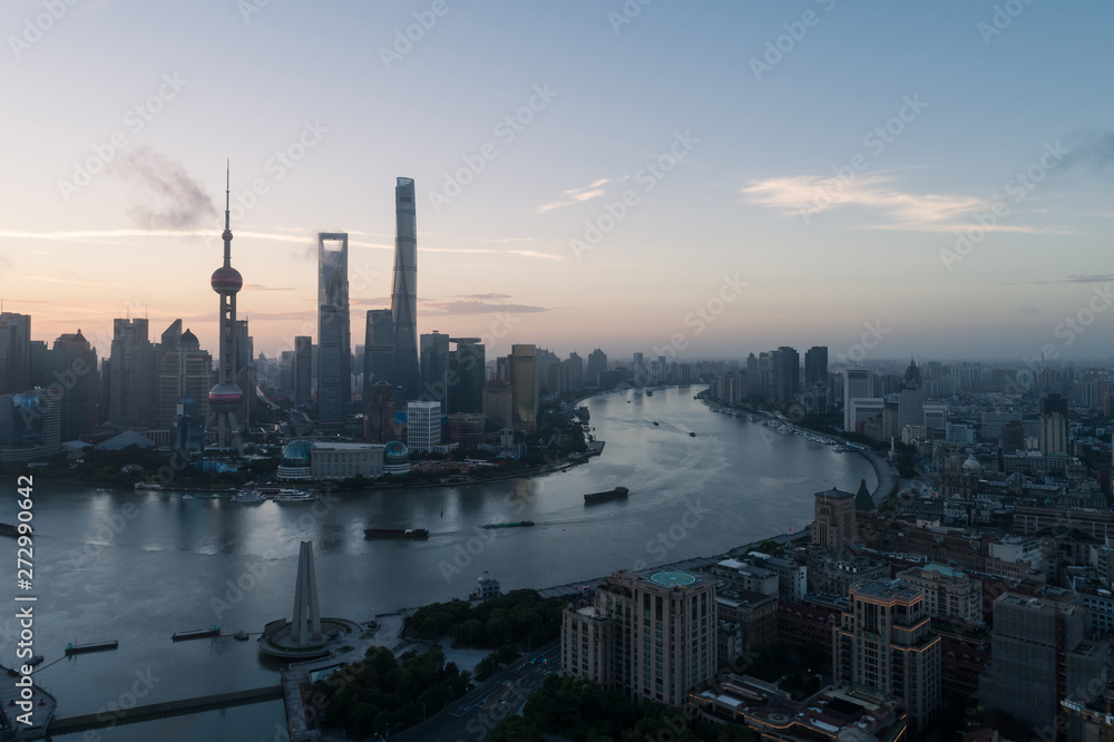 aerial view of Lujiazui, Shanghai city, at dawn