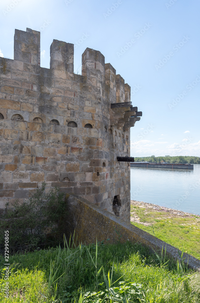 The fragment of the outer clock tower in the ruins of the Smederevo fortress, standing on the banks of the Danube River in Smederevo town in Serbia. The fragment of the outer clock tower in the ruins of the Smederevo fortress, standing on the banks of the Danube River in Smederevo town in Serbia.
