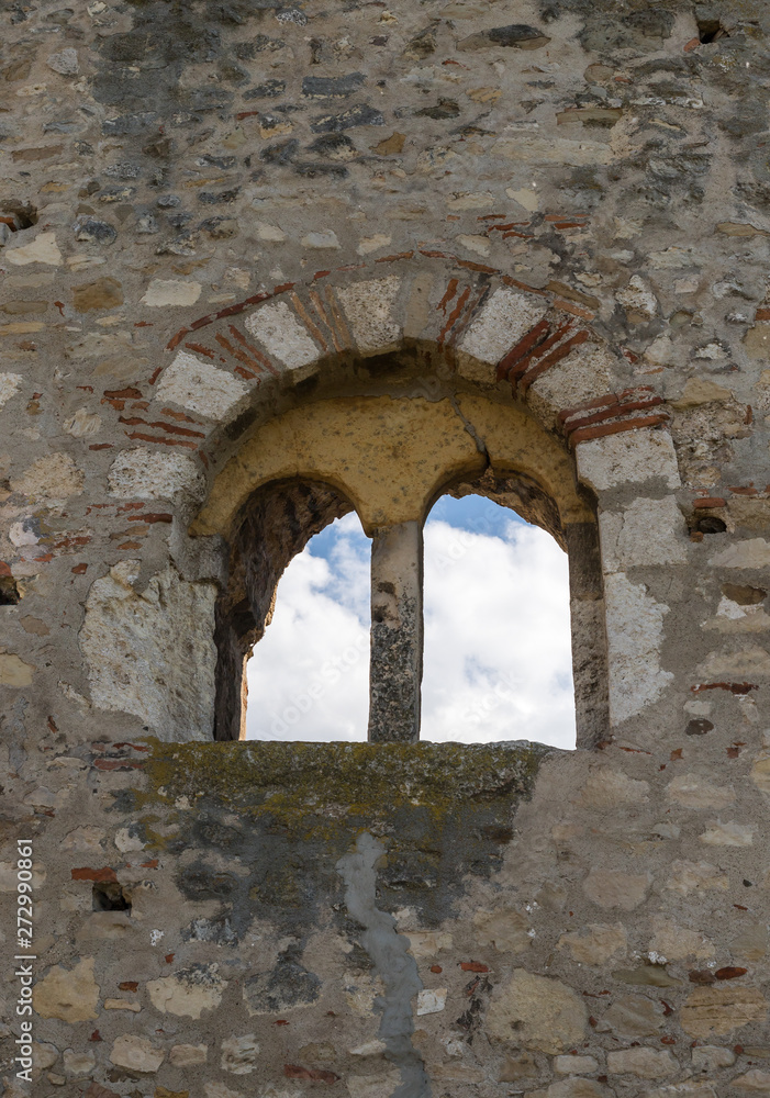 Window  in the fortress wall of the ruins of the Smederevo fortress, standing on the banks of the Danube River in Smederevo town in Serbia.