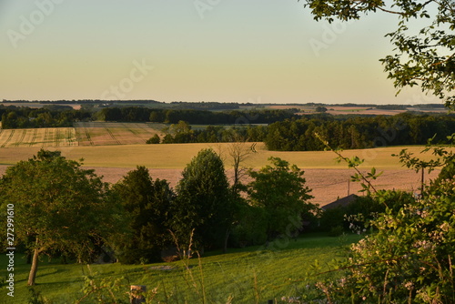 Coucher de soleil sur les champs de blé et les bois de la vallée de la Lizonne au Périgord Vert