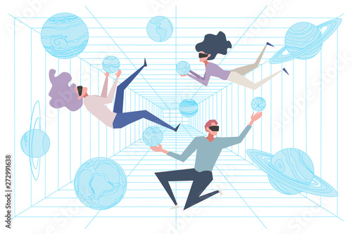 Scientists in simulation room, cyberspace, people in ar headsets floating in zero gravity, virtual reality education