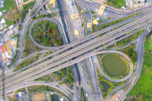 Aerial view of highway junctions Top view of Urban city, Bangkok, Thailand.