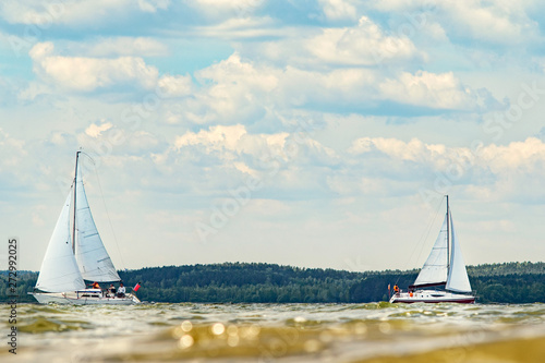 Two sailing yachts goes to the bay on a sunny day against the backdrop of a dense forest on the opposite shore.