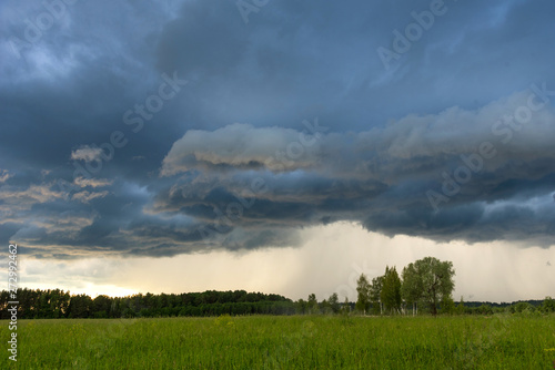 Rural landscape green field with dramatic sky. Grey dark sky before thunderstorm in summer. © Ekaterina Loginova