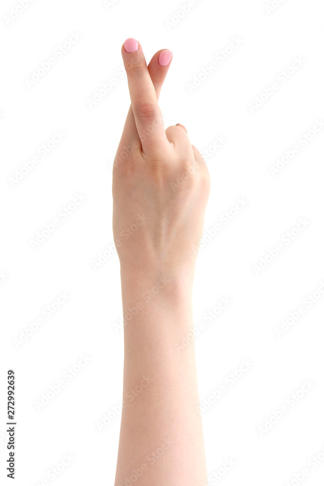 hand with crossed fingers on white background hand with crossed fingers on white background