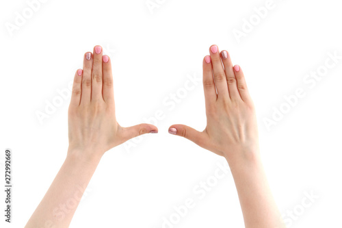 hands with splayed fingers on white background
