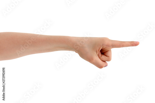 the hand points with the index finger to the right on white background