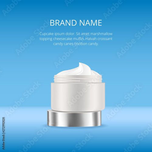 Open blank realistic cream container. Mockup, ads template, cosmetic package, jar vector illustration on blue background