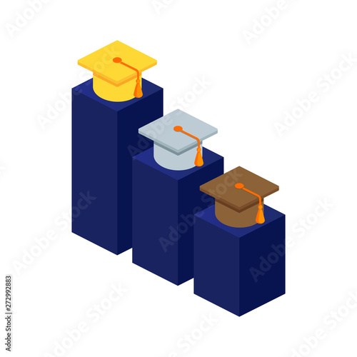 Education increase graph, ranking concept. Bronze, silver, gold graduation caps isometric illustration