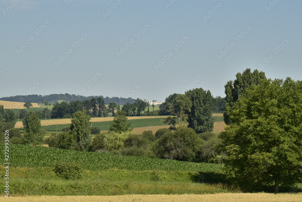 Paysage de prairies ,champs et bois aux environs du bourg de Champagne au Périgord Vert