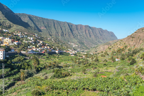 The valley of Hermigua with several villages, high mountains and agricultural exploiting in the north-east of the island of La Gomera