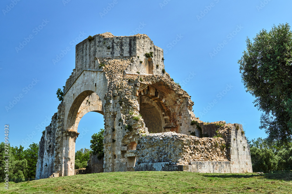Ruins of a medieval stone church next to the town of Magliano in Toscana, Italy.
