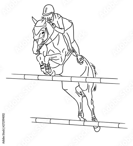 Sketch of a rider on a horse jumping over an obstacle