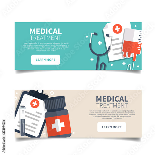 Medical treatment. Health care and medicine benner. Flat vector illustration