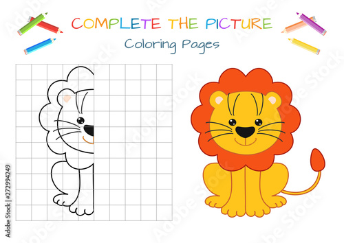 Funny little lion cub. Copy the picture. Coloring book. Educational game for children. Cartoon vector illustration