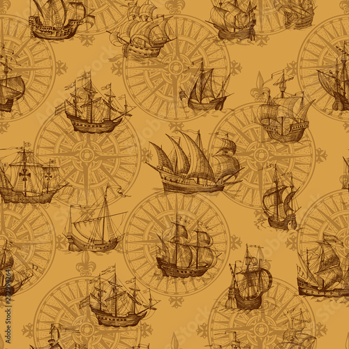 Old caravel, vintage sailboat. Monochrome Hand drawn sketch. Vector seamless pattern for boy. Detail of the old geographical maps of sea.