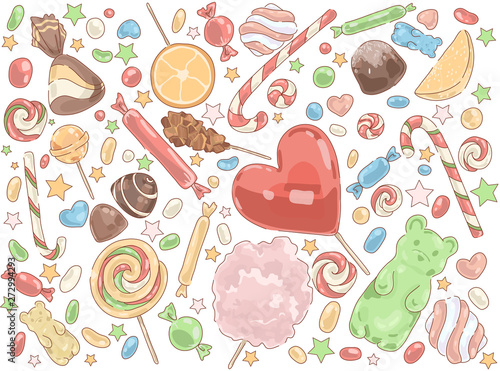 Confectionery products, delicious desserts, caramel sticks, chocolate sweets, marshmallow, fruity marmalade, tasty lollipops set