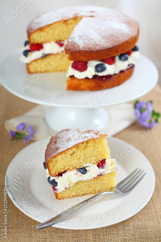 Victoria sponge cake with fresh fruits
