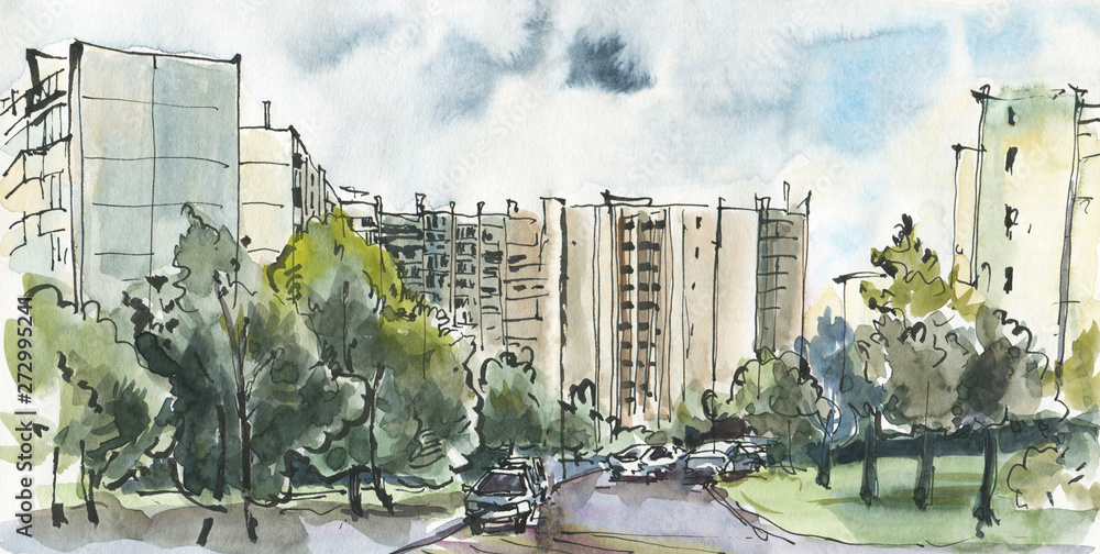 Urban sketch of a modern city - obrazy, fototapety, plakaty 