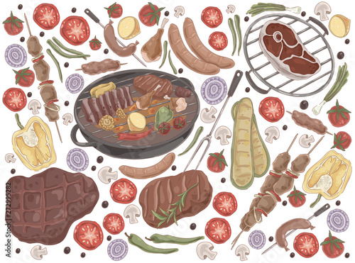 Roasted meat with vegetables, grilled steak, shashlik, chicken legs, cooked ribs, grilled sausages, tasty bbq set