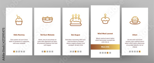 Sweet Cheesecakes, Bakery Vector Onboarding Mobile App Page Screen. Pastry. Birthday Party Cakes, Biscuits, Pies. Dessert Cookies. Confectionery Illustrations