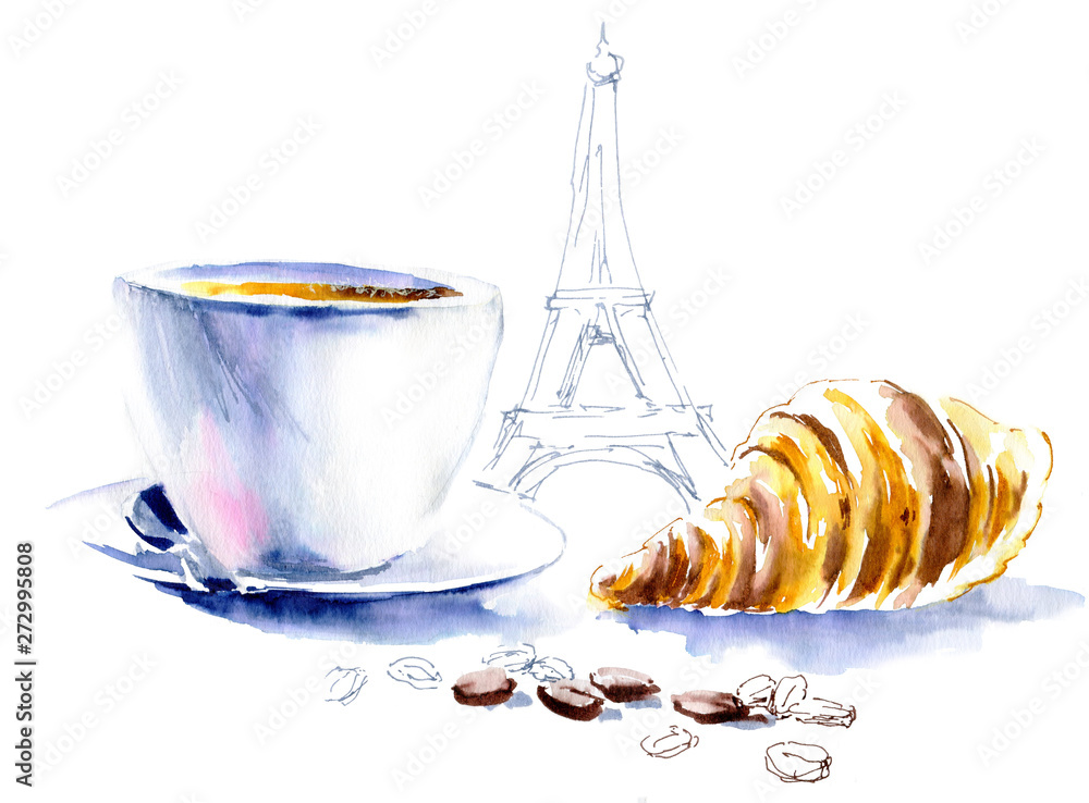 Hand painted illustration of Paris breakfast. Croissant, coffee, Eiffel tower are symbols of vacation in France. Design for card, poster, wallpaper. Watercolor markers. Hand painted illustration of Paris breakfast. Croissant, coffee, Eiffel tower are symbols of vacation in France. Design for card, poster, wallpaper. Watercolor markers.