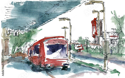 Red bus on bus station, urban watercolor and ink sketch about city life photo