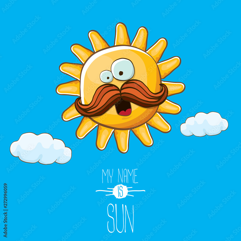 Naklejka premium vector funky cartoon style summer sun character on blue sky background. My name is sun concept illustration. funky kids summer character with eyes and mouth
