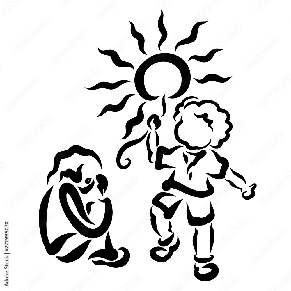 crying child and cheerful child with the sun in hands