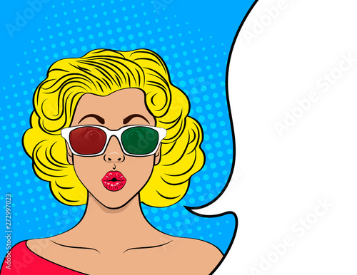 Pop art woman in 3D glasses. Advertising poster template. Cinema. Vector illustration in comic style.