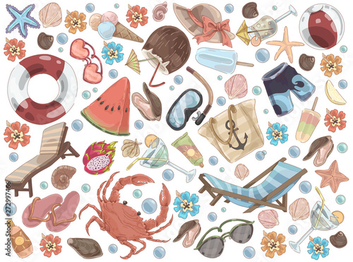 Summer rest accessories, chaise lounge, watermelon, suntan cream, diving mask, tropical cocktails, beach set