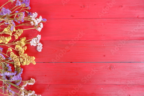 colorful flower on red wood background