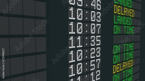 Delayed flight airport table sign, international arrivals schedule delay time
