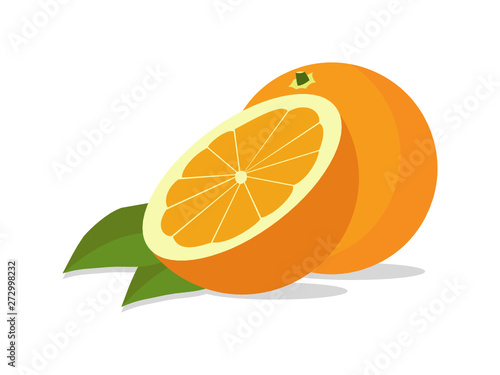 Full orange fruit and half sliced oranges.