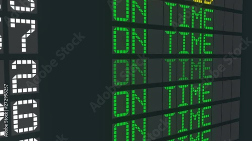 On time flight sign airport table, international arrivals schedule status change