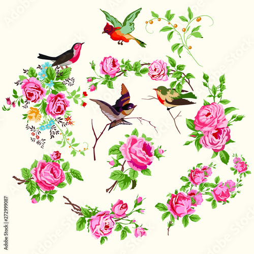 Bird paradise mother's day mom vector print branch frame eighth March 8 March Birds rose chic lush unmatched enchanting Avantage pretentiousness elite style noble