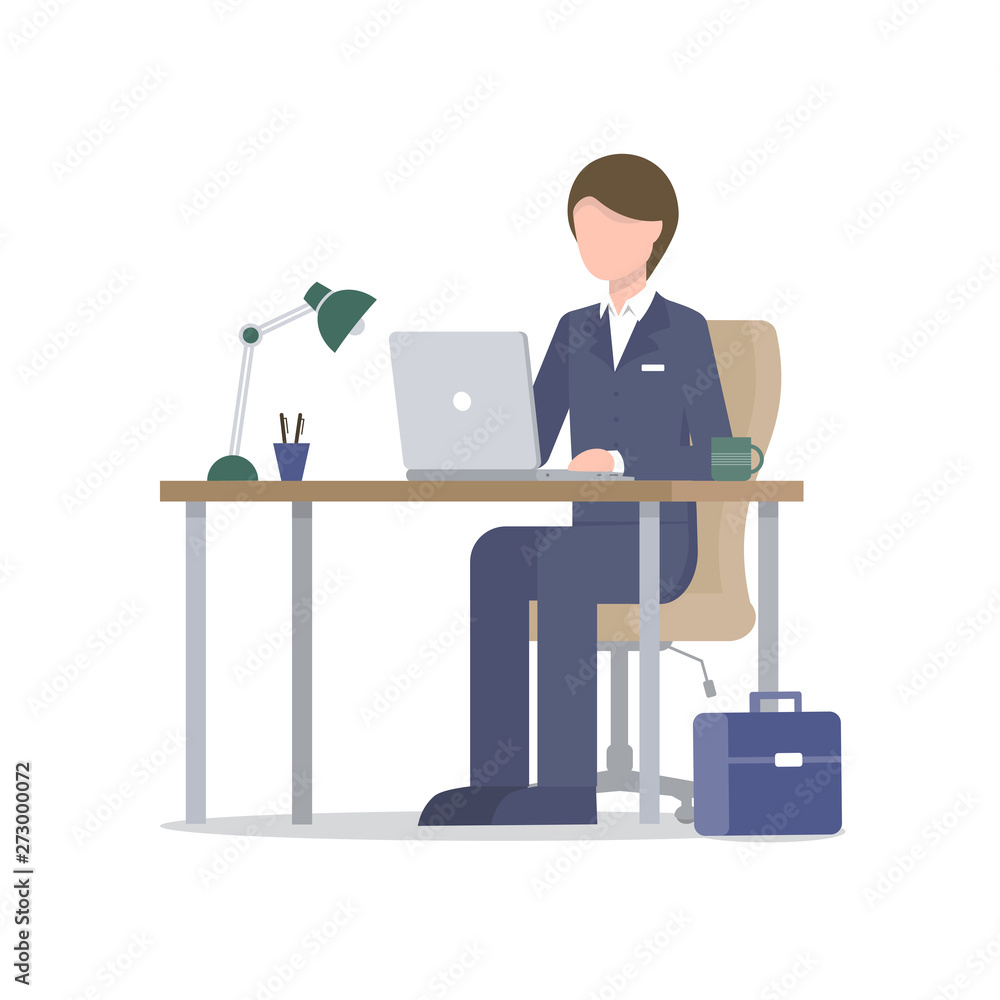 Fototapeta premium Business man with laptop at desk with suitcase