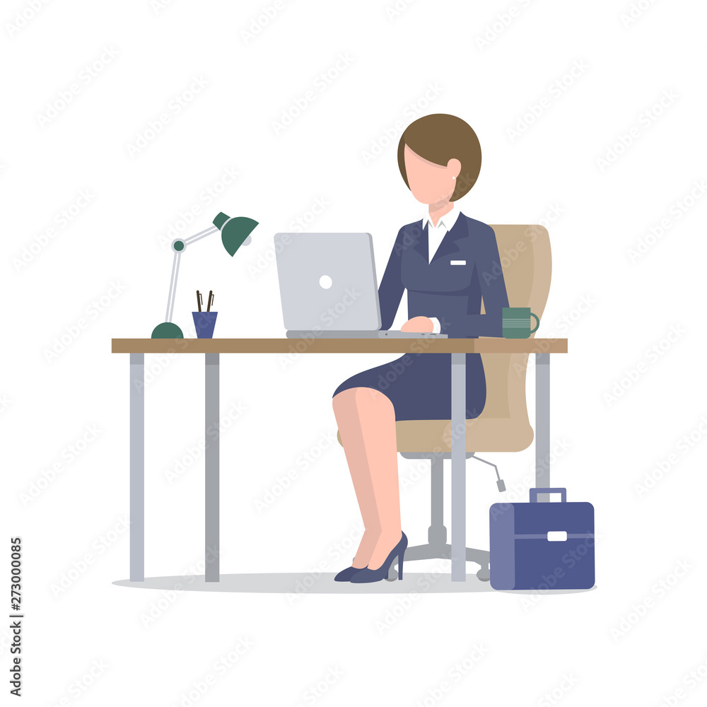 Business woman with laptop at desk with suitcase