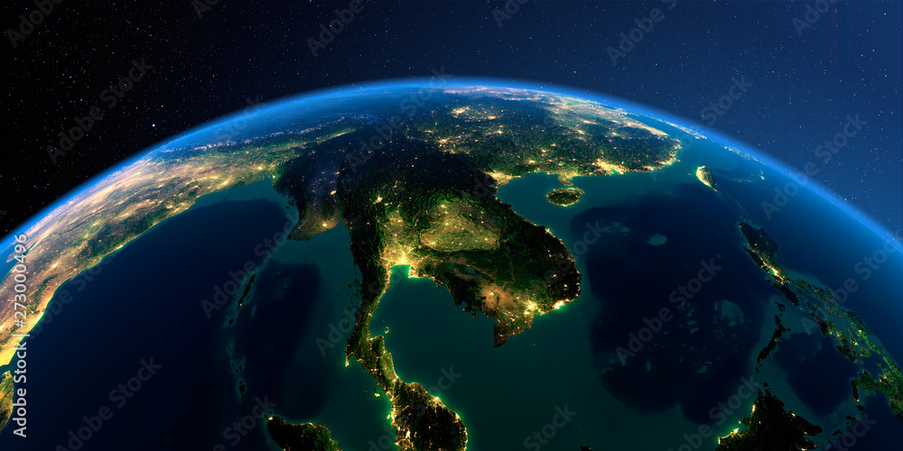 Obraz premium Detailed Earth. Indochina peninsula on a moonlit night