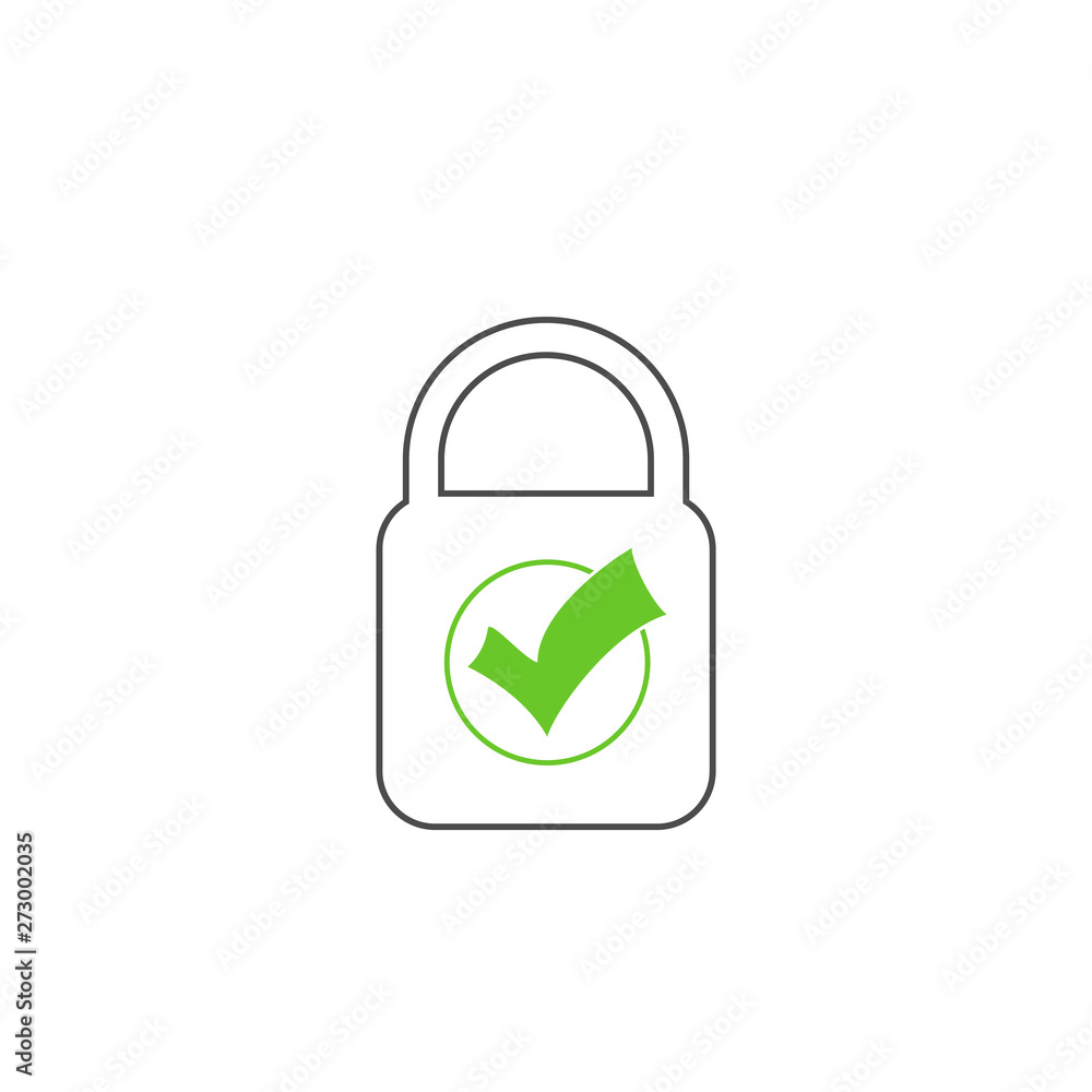Password security symbol,outline lock with green check mark icon. Vector illustration Password security symbol,outline lock with green check mark icon. Vector illustration