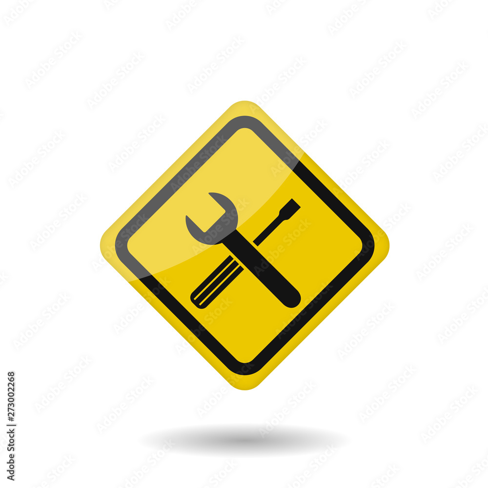 Yellow Wrench and screwdriver icon. Car service sign, repair map pin symbol Yellow Wrench and screwdriver icon. Car service sign, repair map pin symbol