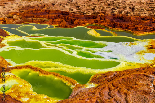 Dallol Sulphur springs and pools Danakil Depression Ethiopia.   The Sulphur springs create the unearthly colourful and beautiful landscape
