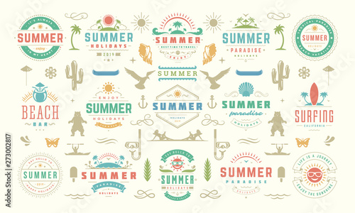 Summer labels and badges design set retro typography for posters, greeting cards and banners.