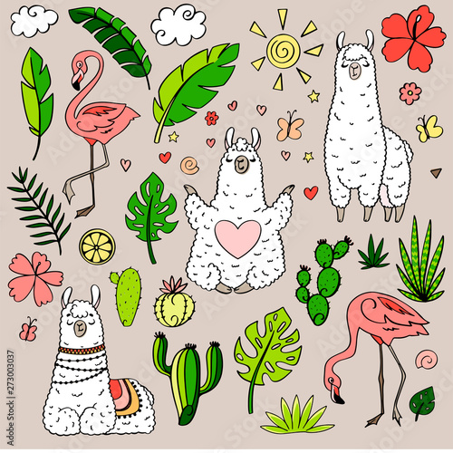 Lama in cartoon style. Stickers. Hand drawn illustration. Elements for greeting card, poster, banners. T-shirt, notebook and sticker design