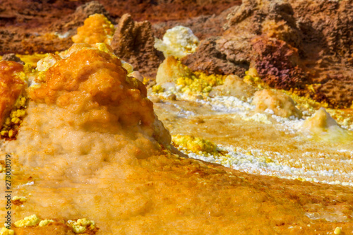 Dallol Sulphur springs and pools Danakil Depression Ethiopia. The Sulphur springs create the unearthly colourful and beautiful landscape