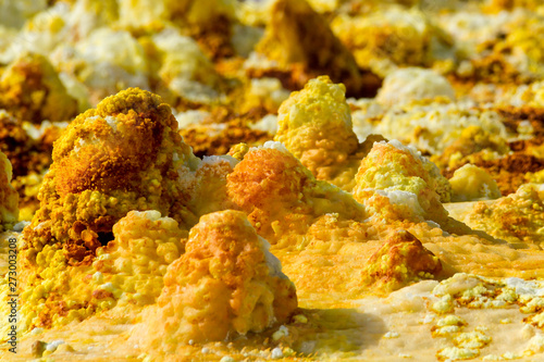 Dallol Sulphur springs and pools Danakil Depression Ethiopia.   The Sulphur springs create the unearthly colourful and beautiful landscape