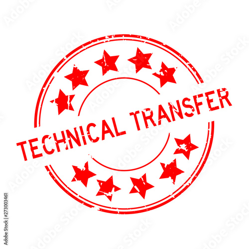 Grunge red technical transfer word with star icon round rubber seal stamp on white background